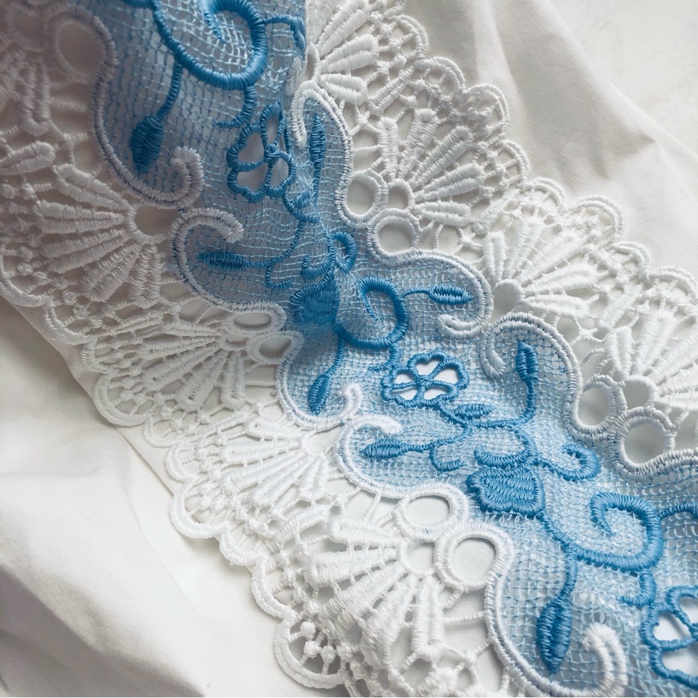 White Off-Shoulder Crop Top with Blue Lace Trim • Express Size XS - Picture 8 of 11